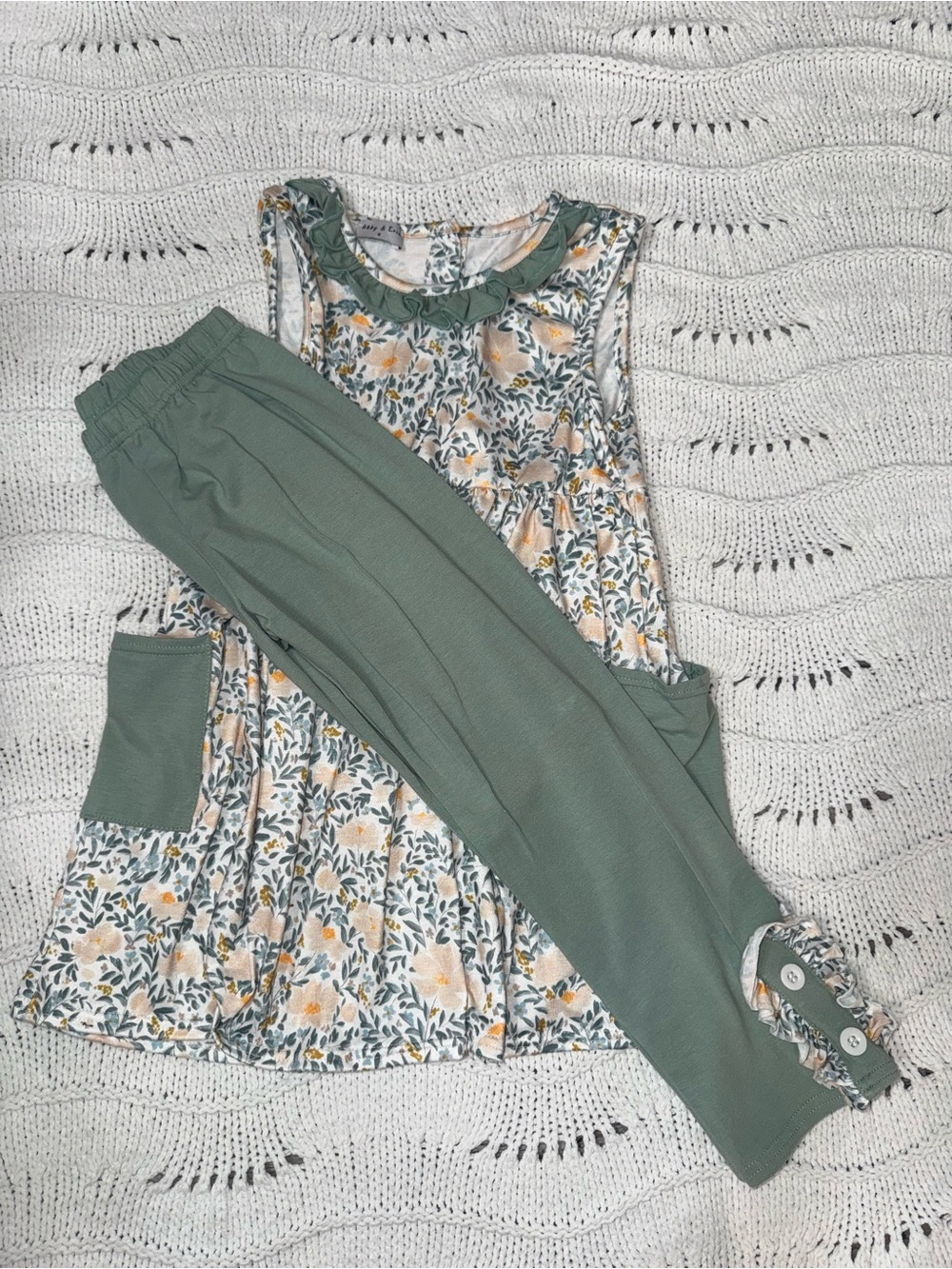 Girls Sage Green Floral Tunic & Leggings Set - Coordinated Two-Piece